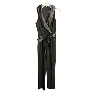 Adrianna Papell Tuxedo Jumpsuit 2 Black Knit Crepe Sleeveless Satin Belt Collar